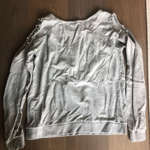 Korean gray sweatshirt open shoulder crewneck pearls pink love you size small - Picture 6 of 6